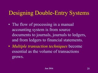 Jan 2016 21
Designing Double-Entry Systems
• The flow of processing in a manual
accounting system is from source
documents to journals, journals to ledgers,
and from ledgers to financial statements.
• Multiple transaction techniques become
essential as the volume of transactions
grows.
 