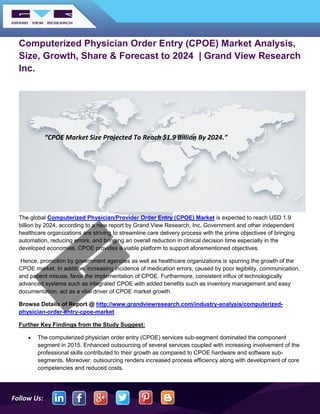Follow Us:
Computerized Physician Order Entry (CPOE) Market Analysis,
Size, Growth, Share & Forecast to 2024 | Grand View Research
Inc.
The global Computerized Physician/Provider Order Entry (CPOE) Market is expected to reach USD 1.9
billion by 2024, according to a new report by Grand View Research, Inc. Government and other independent
healthcare organizations are striving to streamline care delivery process with the prime objectives of bringing
automation, reducing errors, and bringing an overall reduction in clinical decision time especially in the
developed economies. CPOE provides a viable platform to support aforementioned objectives.
Hence, promotion by government agencies as well as healthcare organizations is spurring the growth of the
CPOE market. In addition, increasing incidence of medication errors, caused by poor legibility, communication,
and patient misuse, favor the implementation of CPOE. Furthermore, consistent influx of technologically
advanced systems such as integrated CPOE with added benefits such as inventory management and easy
documentation, act as a vital driver of CPOE market growth.
Browse Details of Report @ http://www.grandviewresearch.com/industry-analysis/computerized-
physician-order-entry-cpoe-market
Further Key Findings from the Study Suggest:
• The computerized physician order entry (CPOE) services sub-segment dominated the component
segment in 2015. Enhanced outsourcing of several services coupled with increasing involvement of the
professional skills contributed to their growth as compared to CPOE hardware and software sub-
segments. Moreover, outsourcing renders increased process efficiency along with development of core
competencies and reduced costs.
“CPOE Market Size Projected To Reach $1.9 Billion By 2024.”
 