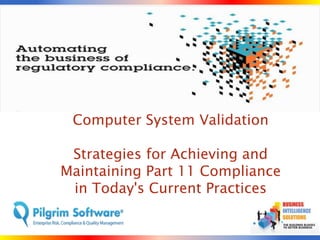 Computer System Validation

 Strategies for Achieving and
Maintaining Part 11 Compliance
 in Today's Current Practices
 