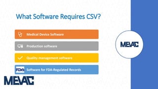 What Software Requires CSV?
Medical Device Software
Production software
Quality management software
Software for FDA-Regulated Records
 