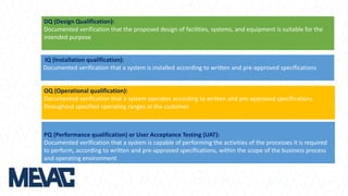 PQ (Performance qualification) or User Acceptance Testing (UAT):
Documented verification that a system is capable of performing the activities of the processes it is required
to perform, according to written and pre-approved specifications, within the scope of the business process
and operating environment
DQ (Design Qualification):
Documented verification that the proposed design of facilities, systems, and equipment is suitable for the
intended purpose
IQ (Installation qualification):
Documented verification that a system is installed according to written and pre-approved specifications
OQ (Operational qualification):
Documented verification that a system operates according to written and pre-approved specifications
throughout specified operating ranges at the customer.
 