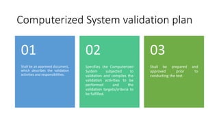 Computerized System validation plan
Shall be an approved document,
which describes the validation
activities and responsibilities.
01
Specifies the Computerized
System subjected to
validation and compiles the
validation activities to be
performed and the
validation targets/criteria to
be fulfilled.
02
Shall be prepared and
approved prior to
conducting the test.
03
 
