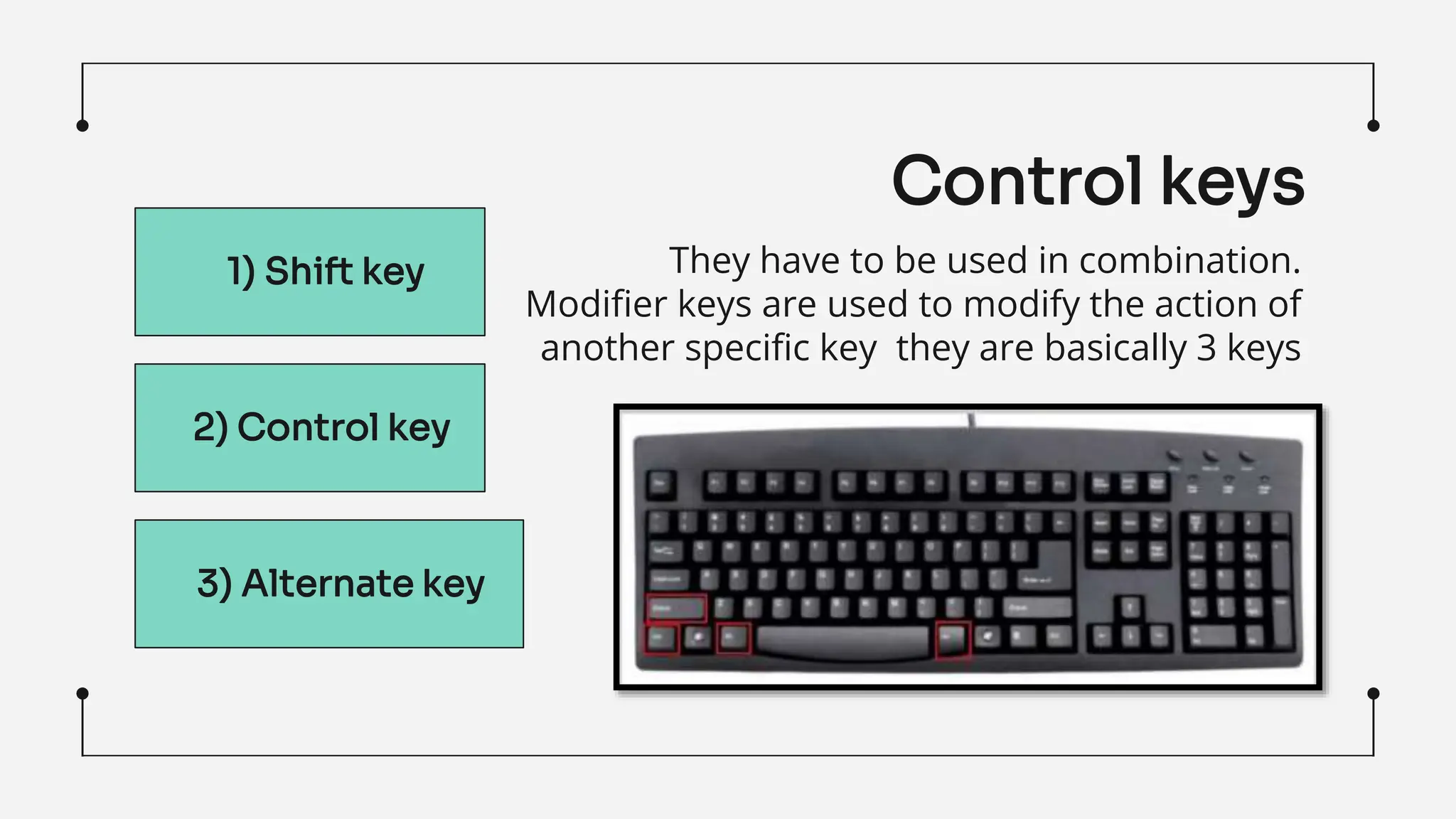They have to be used in combination.
Modifier keys are used to modify the action of
another specific key they are basically 3 keys
1) Shift key
2) Control key
3) Alternate key
Control keys
 