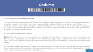 Disclaimer
16
© 2023 Syndicated Analytics All Rights Reserved
The information and content provided on the site, such as texts, graphics, images, designs, etc. (the Content) are the copyrighted property
of Syndicated Analytics or its respective licensor and are protected by the Regional and International Copyright Laws. You have a non-
transferable and non- exclusive right to display, print or download the Content for your individual use on a single computer. You agree that
you will not use, modify, republish or distribute the Content in any manner for commercial or other purposes. You further agree to retain
all copyright or other notices on the Content.
All rights not specifically granted are reserved.
Disclaimer: The information and services provided by us are based on the data gathered from varied sources such as interviews, paid
databases, annual reports, press releases and surveys. This data, collected in good faith, is used on an as is and as available basis and is
subject to fluctuations. We do not make any guarantees and warrantees regarding the completeness, accuracy, usefulness and reliability of
the data.
Our information products and services are meant to be used as general information only. We insist that any business or investment
decisions should not be made based solely on the information provided by us. We will not be accountable for any losses suffered by you in
case of any direct, indirect, consequential or incidental damage.
 