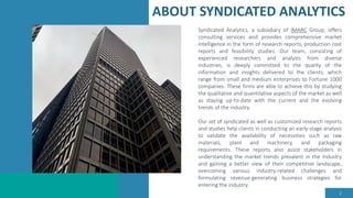 ABOUT SYNDICATED ANALYTICS
2
Syndicated Analytics, a subsidiary of IMARC Group, offers
consulting services and provides comprehensive market
intelligence in the form of research reports, production cost
reports and feasibility studies. Our team, consisting of
experienced researchers and analysts from diverse
industries, is deeply committed to the quality of the
information and insights delivered to the clients, which
range from small and medium enterprises to Fortune 1000
companies. These firms are able to achieve this by studying
the qualitative and quantitative aspects of the market as well
as staying up-to-date with the current and the evolving
trends of the industry.
Our set of syndicated as well as customized research reports
and studies help clients in conducting an early-stage analysis
to validate the availability of necessities such as raw
materials, plant and machinery, and packaging
requirements. These reports also assist stakeholders in
understanding the market trends prevalent in the industry
and gaining a better view of their competitive landscape,
overcoming various industry-related challenges and
formulating revenue-generating business strategies for
entering the industry.
 