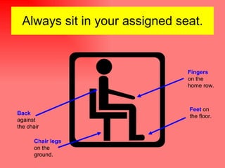 Always sit in your assigned seat. Back  against the chair Feet  on the floor. Fingers   on the home row. Chair legs  on the ground. 