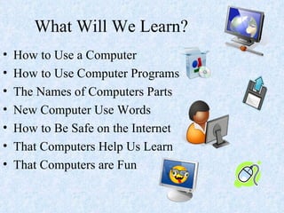 What Will We Learn? How to Use a Computer How to Use Computer Programs The Names of Computers Parts New Computer Use Words How to Be Safe on the Internet That Computers Help Us Learn That Computers are Fun 