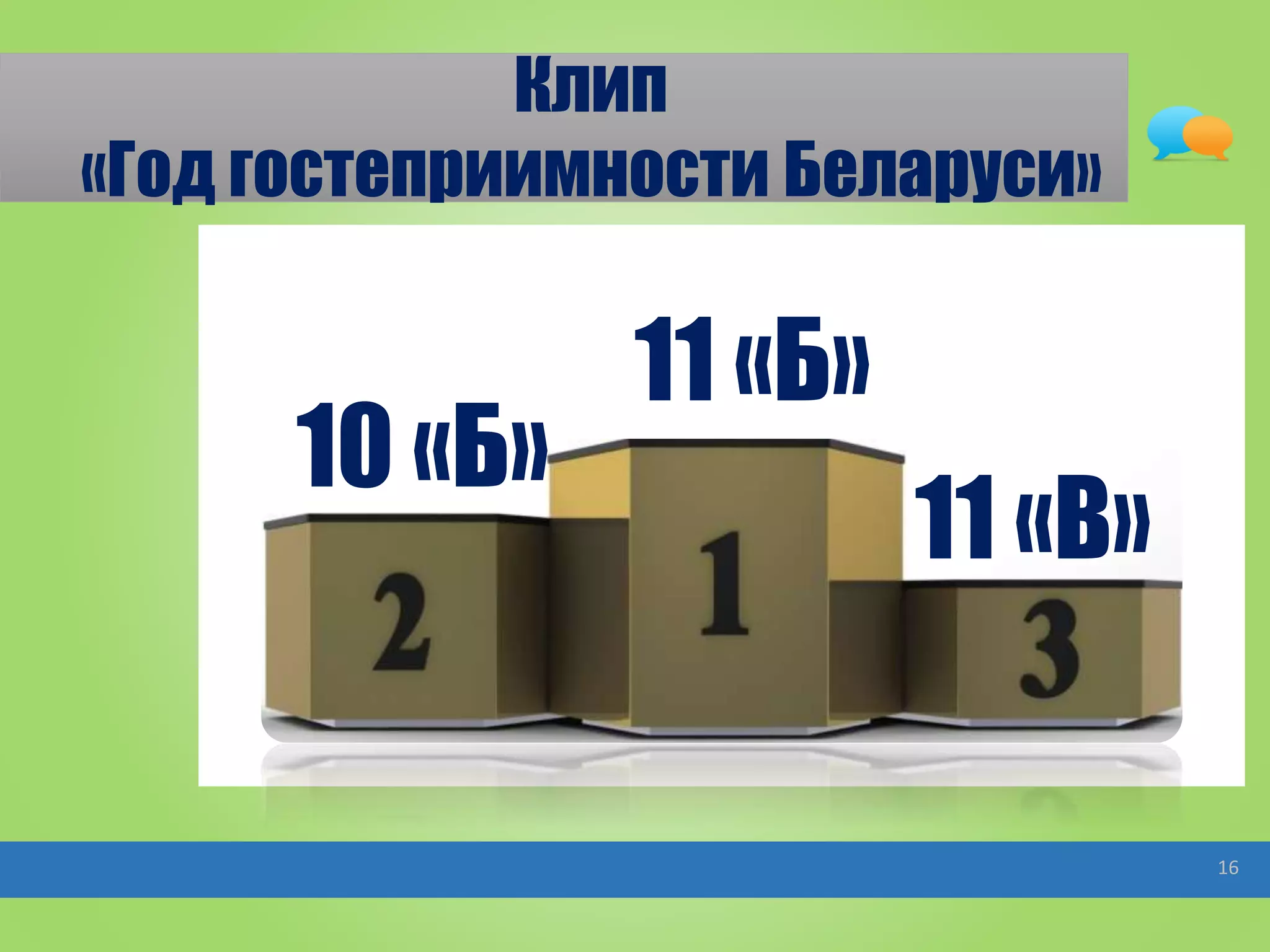 Клип
«Год гостеприимности Беларуси»
16
10 «Б»
11 «Б»
11 «В»
 