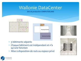 Wallonie DataCenter
Site de production COMPUTERLAND

 3 bâtiments séparés
 Chaque bâtiment est indépendant et n’a
qu’une fonction
 Mise à disposition de rack ou espace privé

 