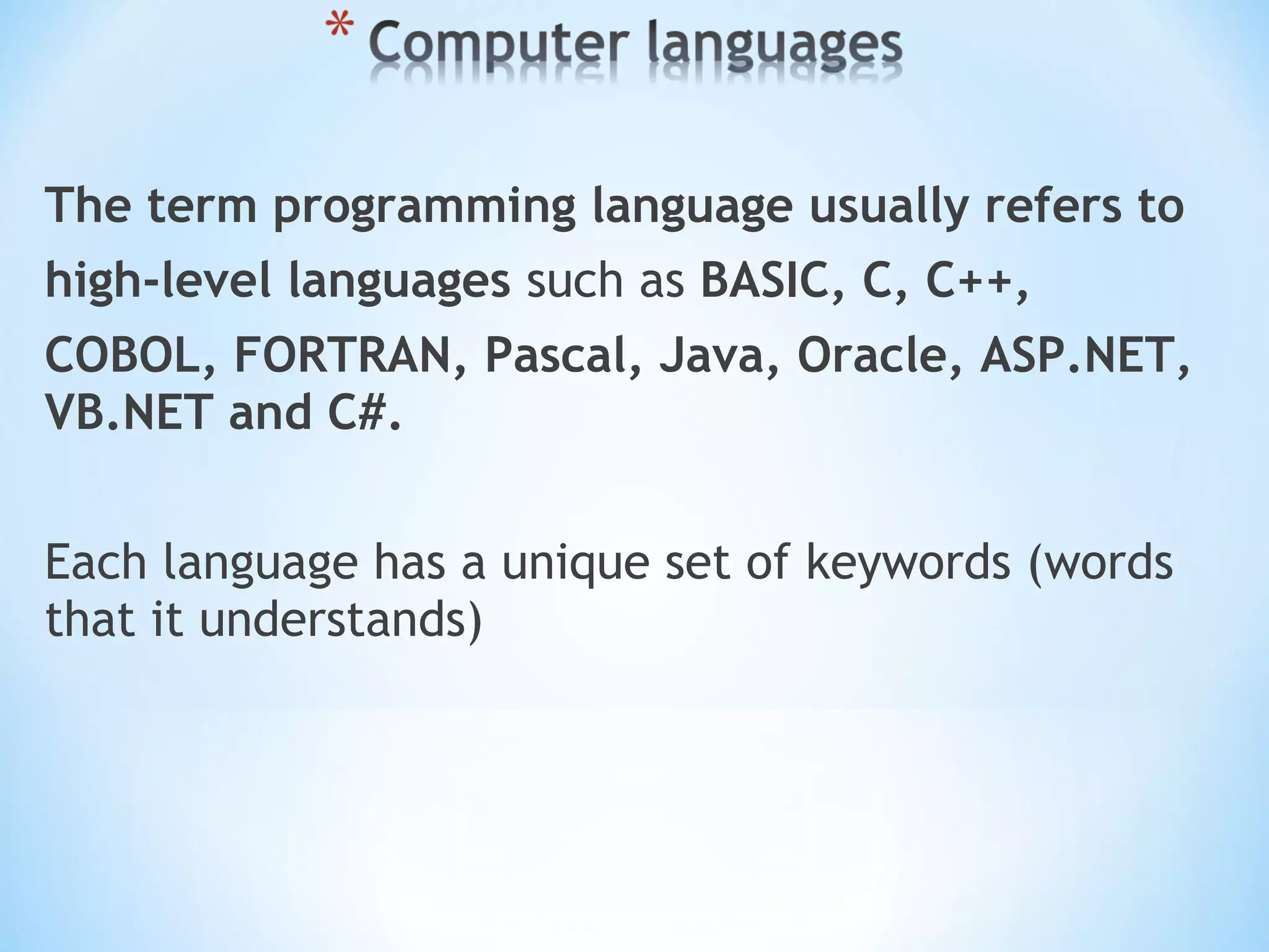 Computer languages | PPT | Programming Languages | Computing