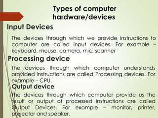 Input Devices
The devices through which we provide instructions to
computer are called input devices. For example –
keyboard, mouse, camera, mic, scanner
The devices through which computer understands
provided instructions are called Processing devices. For
example – CPU.
Processing device
The devices through which computer provide us the
result or output of processed instructions are called
Output Devices. For example – monitor, printer,
projector and speaker.
Output device
Types of computer
hardware/devices
 