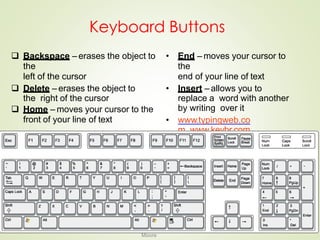 Keyboard Buttons
 Backspace – erases the object to
the
left of the cursor
 Delete – erases the object to
the right of the cursor
 Home – moves your cursor to the
front of your line of text
• End – moves your cursor to
the
end of your line of text
• Insert – allows you to
replace a word with another
by writing over it
• www.typingweb.co
m www.keybr.com
By Angela
Moore
 