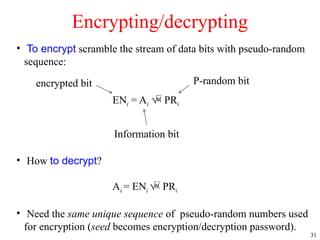 31
Encrypting/decrypting
• To encrypt scramble the stream of data bits with pseudo-random
sequence:
ENi = Ai  PRi
• How to decrypt?
Ai = ENi  PRi
• Need the same unique sequence of pseudo-random numbers used
for encryption (seed becomes encryption/decryption password).
Information bit
encrypted bit P-random bit
 