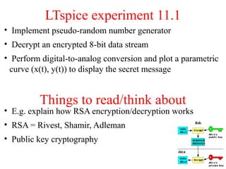 32
• Implement pseudo-random number generator
• Decrypt an encrypted 8-bit data stream
• Perform digital-to-analog conversion and plot a parametric
curve (x(t), y(t)) to display the secret message
• E.g. explain how RSA encryption/decryption works
• RSA = Rivest, Shamir, Adleman
• Public key cryptography
LTspice experiment 11.1
Things to read/think about
 