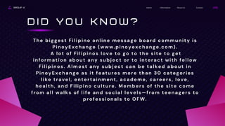 GROUP 4 Contact
About Us
Information
Home
D I D Y O U K N O W ?
The biggest Filipino online message board community is
PinoyExchange (www.pinoyexchange.com).
A lot of Filipinos love to go to the site to get
information about any subject or to interact with fellow
Filipinos. Almost any subject can be talked about in
PinoyExchange as it features more than 30 categories
like travel, entertainment, academe, careers, love,
health, and Filipino culture. Members of the site come
from all walks of life and social levels—from teenagers to
professionals to OFW.
 