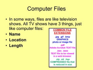 Computer Files In some ways, files are like television shows. All TV shows have 3 things, just like computer files:  Name  Location  Length  