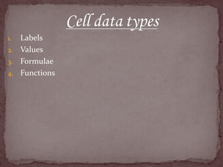 1. Labels
2. Values
3. Formulae
4. Functions
 
