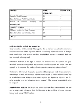 33
SCHOOL TARGET
POPULATION
SAMPLE SIZE
School of Social Sciences 20 16
School of Gender And Women Studies 15 10
School of Literature Language and
Communication
18 11
School of Psychology 20 12
Makerere Institute for Social Research 7 4
School of Liberal and Performing Arts 20 6
TOTAL 100 59
3.6. Data collection methods and instruments
Interview method Krishnaswami (1993), suggested that, an interview is a systematic conversation
between a researcher and the respondent initiated for obtaining information relevant to the topic
of the study in order to the problem. Interviews are subdivided into three i.e. structured interview,
semi structured and unstructured.
Structured interview, in this type of interview the researcher lists the questions and gives
alternative answers to the respondent. This was used to answer questions like; do you know how
to switch on the computer? Do you know how to create documents using micro soft word?
Unstructured interview, in this case the researcher and the respondent totally have a conversation
and exchange of views. This was used especially to the students of school of social sciences and
the school of women and gender studies to answer questions like what are the difficulties you face
during accessing of on-line information using a computer? What are your competences in using
the computer?
Semi structured interview, this involves use of open ended and closed ended questions. This was
used to gather much information about the laboratory services and how to improve computer
literacy levels among CHUSS students.
 