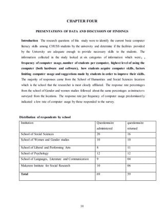 38
CHAPTER FOUR
PRESENTATIONS OF DATA AND DISCUSSION OF FINDINGS
Introduction The research questions of this study were to identify the current basic computer
literacy skills among CHUSS students by the university and determine if the facilities provided
by the University are adequate enough to provide necessary skills to the students. The
information collected in the study looked at six categories of information which were:, ,
frequency of computer usage, number of students per computer, highest level of using the
computer (both hardware and software), how students acquire computer skills, factors
limiting computer usage and suggestions made by students in order to improve their skills.
The majority of responses came from the School of Humanities and Social Sciences location
which is the school that the researcher is most closely affiliated. The response rate percentages
from the school of Gender and women studies followed about the same percentages as instructors
surveyed from the locations. The response rate per frequency of computer usage predominantly
indicated a low rate of computer usage by those responded to the survey.
Distribution of respondents by school
Institution Questionnaire
administered
questionnaire
returned
School of Social Sciences 20 16
School of Women and Gender studies 10 10
School of Liberal and Performing Arts 8 11
School of Psychology 12 12
School of Languages, Literature and Communication 9 04
Makerere Institute for Social Research 10 06
Total 69 59
 