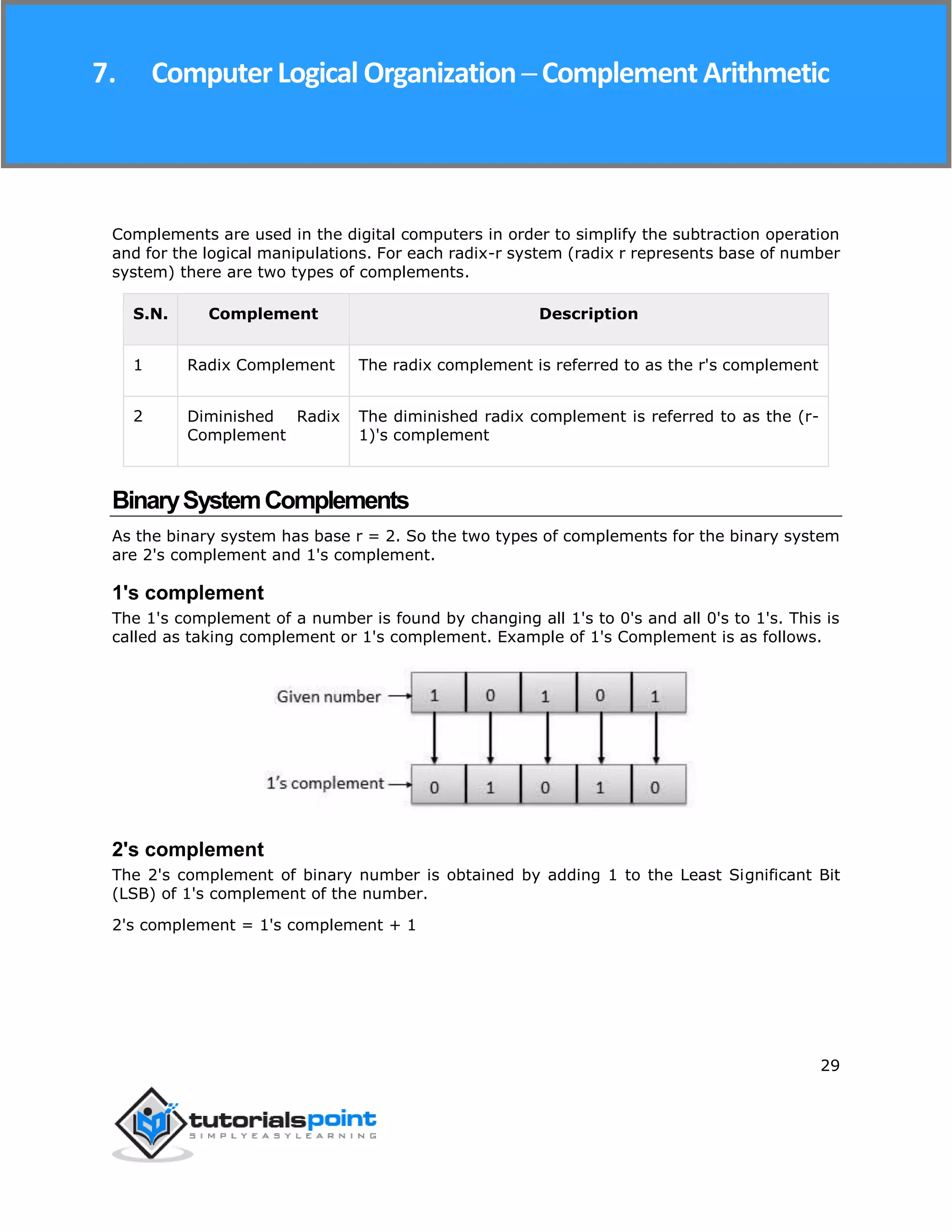 Computer Logical Organization
29
Complements are used in the digital computers in order to simplify the subtraction operation
and for the logical manipulations. For each radix-r system (radix r represents base of number
system) there are two types of complements.
S.N. Complement Description
1 Radix Complement The radix complement is referred to as the r's complement
2 Diminished Radix
Complement
The diminished radix complement is referred to as the (r-
1)'s complement
BinarySystemComplements
As the binary system has base r = 2. So the two types of complements for the binary system
are 2's complement and 1's complement.
1's complement
The 1's complement of a number is found by changing all 1's to 0's and all 0's to 1's. This is
called as taking complement or 1's complement. Example of 1's Complement is as follows.
2's complement
The 2's complement of binary number is obtained by adding 1 to the Least Significant Bit
(LSB) of 1's complement of the number.
2's complement = 1's complement + 1
7. ComputerLogical Organization ─ Complement Arithmetic
 