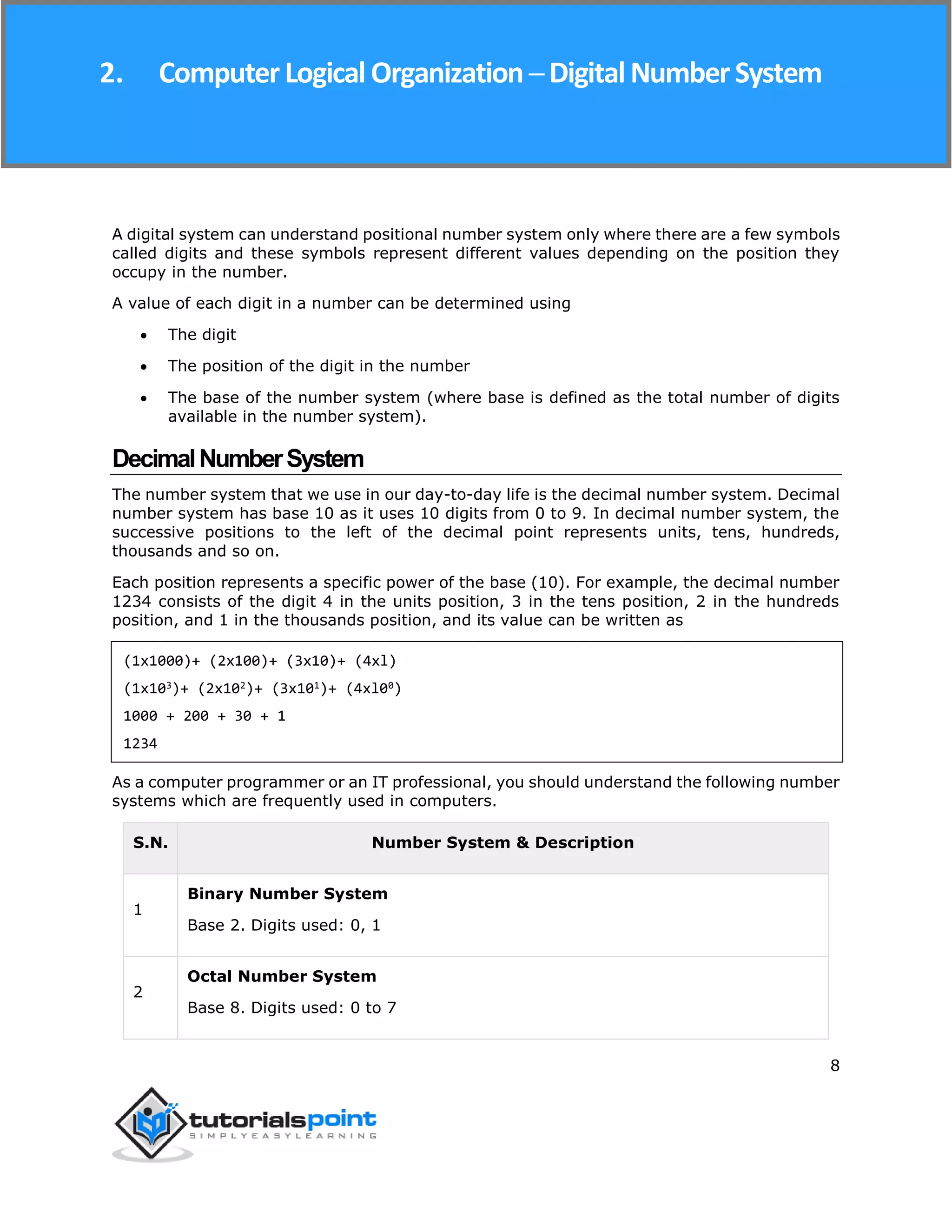 Computer Logical Organization
8
A digital system can understand positional number system only where there are a few symbols
called digits and these symbols represent different values depending on the position they
occupy in the number.
A value of each digit in a number can be determined using
 The digit
 The position of the digit in the number
 The base of the number system (where base is defined as the total number of digits
available in the number system).
DecimalNumberSystem
The number system that we use in our day-to-day life is the decimal number system. Decimal
number system has base 10 as it uses 10 digits from 0 to 9. In decimal number system, the
successive positions to the left of the decimal point represents units, tens, hundreds,
thousands and so on.
Each position represents a specific power of the base (10). For example, the decimal number
1234 consists of the digit 4 in the units position, 3 in the tens position, 2 in the hundreds
position, and 1 in the thousands position, and its value can be written as
(1x1000)+ (2x100)+ (3x10)+ (4xl)
(1x103)+ (2x102)+ (3x101)+ (4xl00)
1000 + 200 + 30 + 1
1234
As a computer programmer or an IT professional, you should understand the following number
systems which are frequently used in computers.
S.N. Number System & Description
1
Binary Number System
Base 2. Digits used: 0, 1
2
Octal Number System
Base 8. Digits used: 0 to 7
2. ComputerLogical Organization ─ DigitalNumber System
 