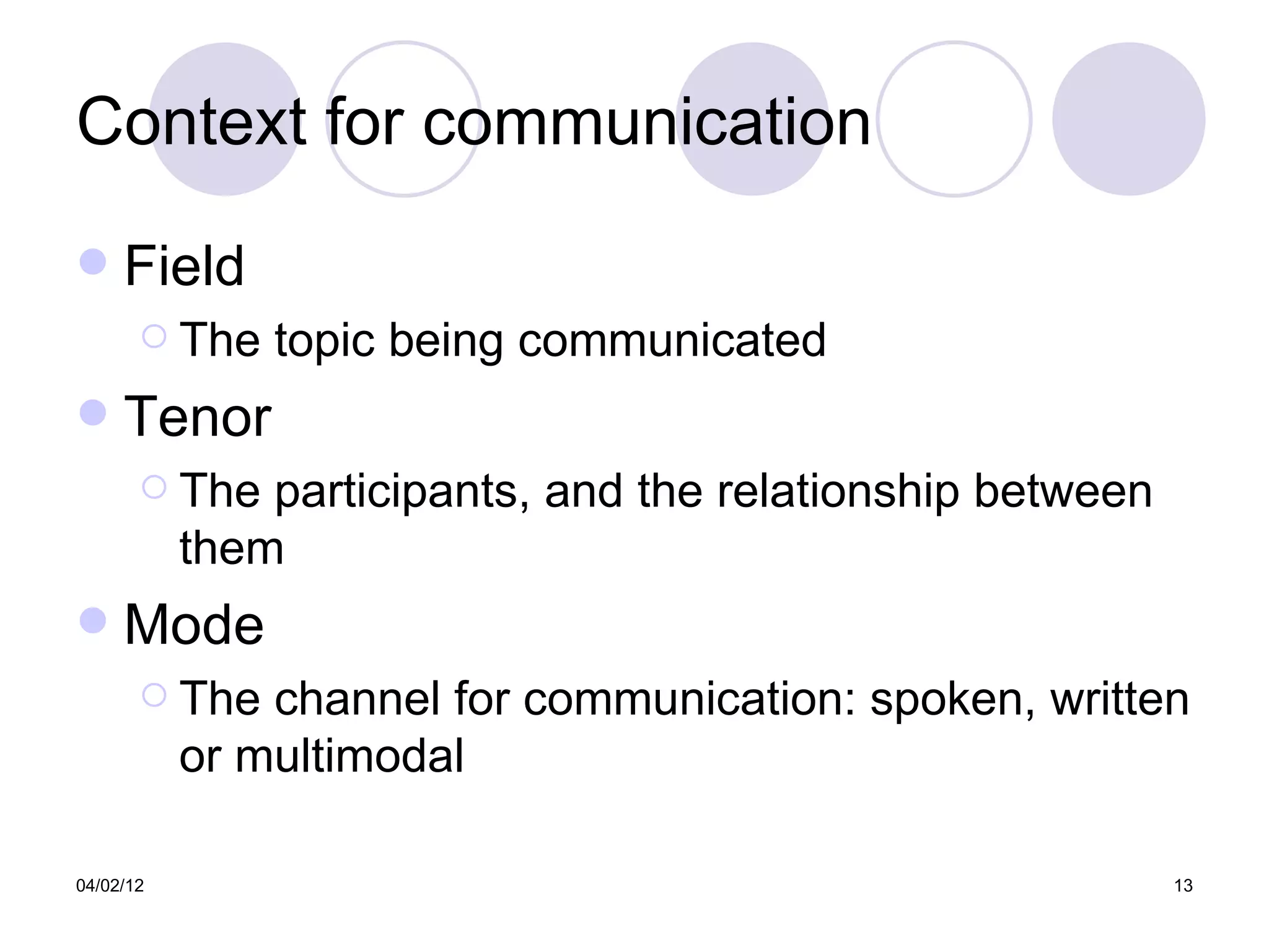 Context for communication
    Field
        The   topic being communicated
    Tenor
        The   participants, and the relationship between
           them
    Mode
        The   channel for communication: spoken, written
           or multimodal

04/02/12                                                    13
 
