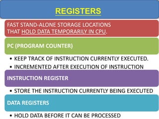 REGISTERS
FAST STAND-ALONE STORAGE LOCATIONS
THAT HOLD DATA TEMPORARILY IN CPU.
PC (PROGRAM COUNTER)
• KEEP TRACK OF INSTRUCTION CURRENTLY EXECUTED.
• INCREMENTED AFTER EXECUTION OF INSTRUCTION
INSTRUCTION REGISTER
• STORE THE INSTRUCTION CURRENTLY BEING EXECUTED
DATA REGISTERS
• HOLD DATA BEFORE IT CAN BE PROCESSED
 