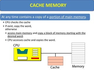 CACHE MEMORY
At any time contains a copy of a portion of main memory.
• CPU checks the cache
• If exist, copy the word,
otherwise
• access main memory and copy a block of memory starting with the
desired word.
• CPU accesses cache and copies the word.
 