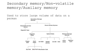 Secondary memory/Non-volatile
memory/Auxilary memory
Used to store large volume of data on a
permanent basis.
 