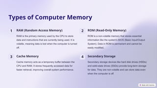 Types of Computer Memory
1 RAM (Random Access Memory)
RAM is the primary memory used by the CPU to store
data and instructions that are currently being used. It is
volatile, meaning data is lost when the computer is turned
off.
2 ROM (Read-Only Memory)
ROM is a non-volatile memory that stores essential
information like the system's BIOS (Basic Input/Output
System). Data in ROM is permanent and cannot be
easily modified.
3 Cache Memory
Cache memory acts as a temporary buffer between the
CPU and RAM. It stores frequently accessed data for
faster retrieval, improving overall system performance.
4 Secondary Storage
Secondary storage devices like hard disk drives (HDDs)
and solid-state drives (SSDs) provide long-term storage
for data. They are non-volatile and can store data even
when the computer is off.
 