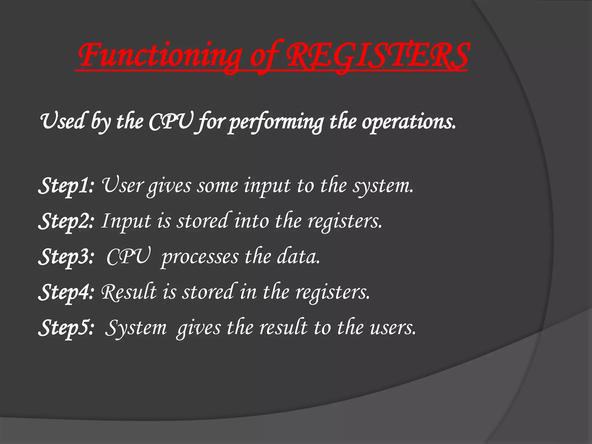 Functioning of REGISTERS
Used by the CPU for performing the operations.
Step1: User gives some input to the system.
Step2: Input is stored into the registers.
Step3: CPU processes the data.
Step4: Result is stored in the registers.
Step5: System gives the result to the users.
 