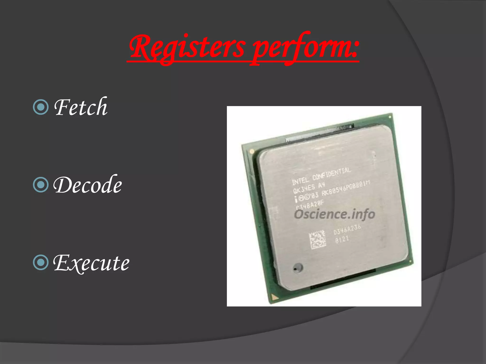 Registers perform:
Fetch
Decode
Execute
 