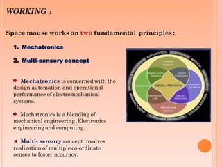 WORKING :
Space mouse works on two fundamental principles :
1. Mechatronics
2. Multi-sensory concept
Mechatronics is concerned with the
design automation and operational
performance of electromechanical
systems.
Mechatronics is a blending of
mechanical engineering .Electronics
engineering and computing.
Multi- sensory concept involves
realization of multiple co-ordinate
senses to foster accuracy.
 