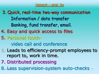 Network – what for

3. Quick, real-time two-way communication
Information / data transfer
Banking, fund transfer, email.
4. Easy and quick access to files
5. Personal touchvideo call and conference
6. Leads to efficiency-prompt employees to
report to, work in time.
7. Distributed processing
8. Less supervision-system auto-checks
2/2/2014

Dr.SAJEEVE VP

14

 