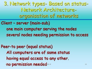 3. Network types- Based on statusNetwork Architectureorganisation of networks
Client – server (main-sub)
one main computer serving the nodes
several nodes needing permission to access
Peer-to peer (equal status)
All computers are of same status
having equal access to any other.
no permission needed
2/2/2014

Dr.SAJEEVE VP

19

 