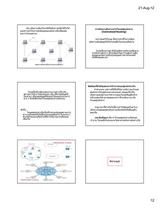 21-Aug-12




      เช่น เส ้นทางเลือกในกรณีทเส ้นทางหลักใช ้ไม่ได ้
                               ี                                การค้นหาเส้นทางจากโหนดศูนย์กลาง
และความเร็วในการส่งข ้อมูลของเส ้นทางนันเชือมต่อ                      (Centralized Routing)
ระหว่างโหนดต่างๆ

                                                                 จะกําหนดให ้โหนด ซึงทําหน ้าทีในการเลือก
                                                          เส ้นทางเดินข ้อมูลให ้กับโหนดอืนในระบบเครือข่าย


                                                                   โหนดนีจะทําหน ้าทีเป็ นผู ้จัดการบริหารเครือข่าย
                                                             การค ้นหาเส ้นทาง ซึงจะต ้องเก็บตารางเส ้นทางเดิน
                                                             ข ้อมูลและจัดการปรับปรุงข ้อมูลข่าวสารทังหมดที
                                                             เกิดขึนตลอดเวลา


                แสดงการค้ นหาเส้ นทางบนระบบเครือข่ าย




                                                         ข้อด้อยทีสําค ัญของการทํางานแบบศูนย์กลางคือ
                                                                ถ ้าตําแหน่ง (สถานทีทีตังทีใช ้งานจริง) ของโหนด
        โหนดอืนทีเหลือจะต ้องรายงานข่าวเกียวกับ            ศูนย์กลางไม่อยูตรงกลางระบบแล ้ว ข ้อมูลเกียวกับ
                                                                            ่
   สถานะการทํางานของตนเอง เช่น ปริมาณข ้อมูลที             เส ้นทางและสถานะการทํางานของโหนดทีอยูอกฟาก    ่ ี
   รับเข ้ามา ปริมาณข ้อมูลทีส่งออกไปและกระบวนการ
   ต่าง ๆ ทีเกิดขึนให ้แก่โหนดศูนย์กลางเป็ นระยะ           หนึงจะต ้องใช ้เวลาพอสมควรกว่าทีจะเดินทางมาถึง
                                                           โหนดศูนย์กลาง


                                                                 ระยะเวลาทีช ้าเกินไปนีอาจทําให ้ข ้อมูลในตาราง
ดังนัน…                                                    เส ้นทางไม่สอดคล ้องกับความเป็ นจริงทีเกิดขึนอยูใน
                                                                                                            ่
       โหนดศูนย์กลางจึงเป็ นทีรวบรวมข ้อมูลสถานะการ        ขณะนัน
   ทํางานทังหมดทีเกิดขึนบนระบบเครือข่าย จึงทราบว่า
   ส่วนใดในระบบเครือข่ายทีมีการใช ้งานมากหรือน ้อย              และอีกปัญหา คือ ถ ้าโหนดศูนย์กลางเกิดหยุด
   เพียงใด
                                                           ทํางาน โหนดอืนในระบบจะไม่สามารถค ้นหาเส ้นทางได ้




                                                                                 พิชามญชุ์




                                                                                                                        12
 