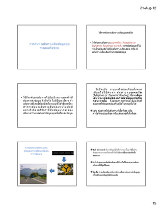 21-Aug-12




                                                                            ี   ้    ้
                                                                         วิธการคนหาเสนทางเดินแบบพลวัต



                                                              • วิธค ้นหาเส ้นทางแบบพลวัต (Adaptive or
                                                                    ี
         การค ้นหาเส ้นทางเดินข ้อมูลบน                         Dynamic Routing) หมายถึง การส่งข ้อมูลทีไม่
                 ระบบเครือข่าย                                  จําเป็ นต ้องส่งไปยังเส ้นทางเดิมเสมอ หรือ มี
                                                                เส ้นทางเผือเลือกในการส่งข ้อมูล




                                                                       ในปั จจุ บั น ระบบเครือ ข่ า ยเกือ บทั งหมด
                                                                 เ ลื อ ก ใ ช ้ว ิ ธ ี ค ้น ห า เ ส ้น ท า ง แ บ บ พ ล ว ั ต
                                                                 (Adaptive or Dynamic Routing) ซึงจะเลือก            เลื
• วิธนีจะค ้นหาเส ้นทางไปยั งเป้ าหมายทุกครั งที
      ี                                                              ้
                                                                 เส น ทางเมือมีผู ้ต อ งการส่ง ข้อ มู ล เกิด ขึน
                                                                                              ้
  ต ้องการส่งข ้อมูล ดังนั นจึง ไม่ ม ีปัญหาใด ๆ ถ ้า            ก่อ นเท่ า น น จึง สามารถกํ า หนดเงือนไขที
                                                                                 ั
  เส ้นทางทีเคยใช ้ถูกปิ ดกันระบบทีใช ้วิธการนีจะ  ี             ต ้องการให ้สอดคล ้องกับผู ้ใช ้ในขณะนันได ้
                         ้
  ทํ า ก า ร ค น ห า เ ส น ท า ง อื น ท ด แท น ใ น ทั น ที
               ้
                                           ้
  อย่ า งไร ก็ ต า ม วิธ ี ก า ร นี ซั บ ซ อ นม า กจ ะต อ ง
                                                        ้     เช่น ต ้องการใช ้เส ้นทางทีสันทีสุด เสีย
  เสียเวลาในการค ้นหาข ้อมูลทุกครังทีจะส่งข ้อมูล              ค่าใช ้จ่ายน ้อยทีสุด หรือเส ้นทางทีเร็วทีสุด




    การค ้นหาการทางเดิน
   ข ้อมูลอาจเปรียบเหมือน                                     ข้อดี วิธีการพลวัต คือ นําข้อมูลทีเกิดขึนในขณะนันมาใช้ซึงเป็ น
                                                               ข้
                                                               ลักษณะของระบบเครื อข่ายทัวไป คือมีการเปลียนแปลงเกิดขึน
          การใช ้ถนน                                           ตลอดเวลา

                                                               ดังนันจึงสามารถหลีกเลียงเส้ นทางทีใช้ การไม่ ได้ และสามารถค้นหา
                                                                เส้ นทางทีดีทสุดได้ เสมอ
                                                                             ี

                                                               ข้ อเสีย คือ จะต้ องเสียเวลาในการค้ นหาเส้ นทางก่ อนการส่ งข้อมูลทุก
                                                                ครังแม้ ว่าจะส่ งข้อมูลไปยังโหนดเดิม
                                                                    งแม้




                                                                                                                                             15
 