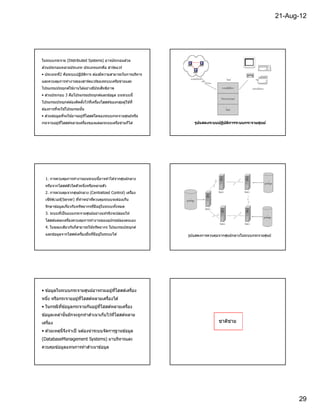 21-Aug-12




ในระบบกระจาย (Distributed Systems) อาจประกอบด ้วย
ส่วนประกอบหลายประเภท ประเภทแรกคือ ฮาร์ดแวร์
• ประเภทที2 คือระบบปฏิบัตการ ต ้องมีความสามารถในการบริหาร
                         ิ
และควบคุมการทํางานของฮาร์ดแวร์ของระบบเครือข่ายและ
โปรแกรมประยุกต์ใช ้งานได ้อย่างมีประสิทธิภาพ
• ส่วนประกอบ 3 คือโปรแกรมประยุกต์และข ้อมูล บนระบบนี
โปรแกรมประยุกต์ต ้องติดตังไว ้ทีเครืองโฮสต์ของกลุมผู ้ใช ้ที
                                                 ่
ต ้องการทีจะใช ้โปรแกรมนัน
• ส่วนข ้อมูลทีจะใช ้อาจอยู่ทโฮสต์ใดของระบบกระจายศูนย์หรือ
                             ี
กระจายอยู่ทโฮสต์หลายเครืองของแต่ละระบบเครือข่ายก็ได ้
           ี                                                      รูปแสดงระบบปฏิบ ัติการระบบกระจายศูนย์




  1. การควบคุมการทํางานบนระบบนีอาจทําได ้จากศูนย์กลาง
  หรือจากโฮสต์ตวใดตัวหนึงหรือหลายตัว
               ั
  2. การควบคุมจากศูนย์กลาง (Centralized Control) เครือง
  เซิรฟเวอร์(Server) ทีทําหน ้าทีควบคุมระบบจะต ้องเก็บ
      ์
  รักษาข ้อมูลเกียวกับทรัพยากรทีมีอยูในระบบทังหมด
                                     ่
  3. ระบบทีเป็ นแบบกระจายศูนย์อย่างแท ้จริงจะปล่อยให ้
  โฮสต์แต่ละเครืองควบคุมการทํางานของอุปกรณ์ของตนเอง
  4. ในขณะเดียวกันก็สามารถใช ้ทรัพยากร โปรแกรมประยุกต์
  และข ้อมูลจากโฮสต์เครืองอืนทีมีอยูในระบบได ้
                                    ่                          รูปแสดงการควบคุมจากศูนย์กลางในระบบกระจายศูนย์




• ข ้อมูลในระบบกระจายศูนย์อาจรวมอยูทโฮสต์เครือง
                                   ่ ี
หนึง หรือกระจายอยูทโฮสต์หลายเครืองได ้
                  ่ ี
• ในกรณีทข ้อมูลกระจายกันอยูทโฮสต์หลายเครือง
         ี                  ่ ี
ข ้อมูลเหล่านันมักจะถูกทําสําเนาเก็บไว ้ทีโฮสต์หลาย
เครือง                                                                         ชาติชาย
• ด ้วยเหตุนีจึงจําเป็ นต ้องนํ าระบบจัดการฐานข ้อมูล
(DatabaseManagement Systems) มาบริหารและ
ควบคุมข ้อมูลแทนการทําสําเนาข ้อมูล




                                                                                                                     29
 