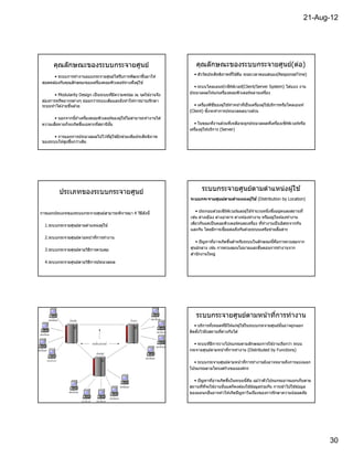 21-Aug-12




       คุณลักษณะของระบบกระจายศูนย์                                         คุณลักษณะของระบบกระจายศูนย์(ต่อ)
      • ระบบการทํางานแบบกระจายศูนย์ได ้รับการพัฒนาขึนมาให ้              • ตัววัดประสิทธิภาพทีใช ้คือ ระยะเวลาตอบสนอง(ResponseTime)
 สอดคล ้องกับคุณลักษณะของเครืองคอมพิวเตอร์ทางฝั งผู ้ใช ้
                                                                         • ระบบไคลเอนท์/เซิรฟเวอร์(Client/Server System) ได ้แบ่ง งาน
                                                                                             ์
         • Modularity Design เป็ นระบบทีมีความพร ้อม ณ จุดใช ้งานจึง   ประมวลผลให ้แก่เครืองคอมพิวเตอร์หลายเครือง
 ต ้องการทรัพยากรต่างๆ น ้อยกว่าระบบเดิมและยังทําให ้การบํ ารุงรักษา
 ระบบทําได ้ง่ายขึนด ้วย                                                  • เครืองพีซของผู ้ใช ้ทําหน ้าทีเป็ นเครืองผู ้ใชบริการหรือไคลเอนท์
                                                                                     ี                                     ้
                                                                       (Client) ซึงจะทําการประมวลผลบางส่วน
       • นอกจากนีถ ้าเครืองคอมพิวเตอร์ของผู ้ใช ้ไม่สามารถทํางานได ้
 ความเสียหายก็จะเกิดขึนเฉพาะทีสถานีนน
                                    ั                                    • ในขณะทีงานส่วนทีเหลือจะถูกประมวลผลทีเครืองเซิรฟเวอร์หรือ
                                                                                                                         ์
                                                                       เครืองผู ้ให ้บริการ (Server)
                                        ้
       • การแยกการประมวลผลไปไว ้ทีผู ้ใชยังช่วยเพิมประสิทธิภาพ
 ของระบบให ้สูงขึนกว่าเดิม




          ประเภทของระบบกระจายศูนย์                                            ระบบกระจายศูนย์ตามตําแหน่งผู ้ใช ้
                                                                       ระบบกระจายศูนย์ตามตําแหน่งผูใช้ (Distribution by Location)
                                                                                                   ้


การแยกประเภทของระบบกระจายศูนย์สามารถพิจารณา 4 วิธดงนี
                                                 ี ั                      • ประกอบด ้วยเซิรฟเวอร์และผู ้ใช ้จํานวนหนึงซึงอยู่คนละสถานที
                                                                                            ์
                                                                       เช่น ต่างเมือง ต่างอาคาร ต่างห ้องทํางาน หรืออยู่ในห ้องทํางาน
  1.ระบบกระจายศูนย์ตามตําแหน่งผู ้ใช ้                                 เดียวกันแต่เป็ นคอมพิวเตอร์คนละเครือง ทีทํางานเป็ นอิสระจากกัน
                                                                       และกัน โดยมีการเชือมต่อถึงกันด ้วยระบบเครือข่ายสือสาร
  2.ระบบกระจายศูนย์ตามหน ้าทีการทํางาน
                                                                          • ปั ญหาทีอาจเกิดขึนสําหรับระบบในลักษณะนีคือการควบคุมจาก
  3.ระบบกระจายศูนย์ตามวิธการควบคุม
                         ี                                             ศูนย์กลาง เช่น การควบคุมนโยบายและขันตอนการทํางานจาก
                                                                       สํานักงานใหญ่
  4.ระบบกระจายศูนย์ตามวิธการประมวลผล
                         ี




                                                                           ระบบกระจายศูนย์ตามหน ้าทีการทํ างาน
                                                                                                          ้
                                                                          • บริการทังหมดทีมีให ้แก่ผู ้ใชในระบบกระจายศูนย์นันอาจถูกแยก
                                                                       ติดตังไว ้ยังสถานทีต่างกันได ้

                                                                         • ระบบทีมีการวางโปรแกรมตามลักษณะการใช ้งานเรียกว่า ระบบ
                                                                       กระจายศูนย์ตามหน ้าทีการทํางาน (Distributed by Functions)

                                                                         • ระบบกระจายศูนย์ตามหน ้าทีการทํางานยังอาจหมายถึงการแบ่งแยก
                                                                       โปรแกรมตามโครงสรางขององค์กร
                                                                                         ้

                                                                         • ปั ญหาทีอาจเกิดขึนในระบบนีคือ แม ้ว่าตัวโปรแกรมอาจแยกเก็บตาม
                                                                       สถานทีทีจะใช ้งานนันแต่ก็คงต ้องใช ้ข ้อมูลร่วมกัน การเข ้าไปใช ้ข ้อมูล
                                                                       ของแผนกอืนอาจทําให ้เกิดปั ญหาในเรืองของการรักษาความปลอดภัย




                                                                                                                                                  30
 