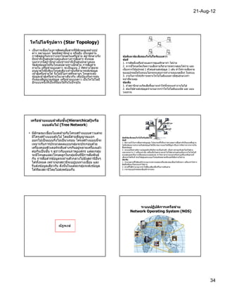 21-Aug-12




 โทโปโลจีรูปดาว (Star Topology)
• เป็ นการเชือมโยงการติดต่อสือสารทีมีลกษณะคลายรูป
                                         ั        ้
  ดาว หลายแฉก โดยมีสถานีกลาง หรือฮับ เป็ นจุดผ่าน
  การติดต่อกันระหว่างทุกโหนดในเครือข่าย สถานีกลางจึง     ข้อดีและข้อเสียของโทโปโลจีแบบดาว
  มีหน ้าทีเป็ นศูนย์ควบคุมเส ้นทางการสือสาร ทังหมด      ข้อดี
  นอกจากนีสถานีกลางยังทําหน ้าทีเป็ นศูนย์กลางคอย        1. การติดตังเครือข่ายและการดูแลรักษาทํา ได ้ง่าย
  จัดส่งขอมูลใหกับโหนดปลายทางอีกด ้วย การสือสาร
          ้        ้                                     2. หากมีโหนดใดเกิดความเสียหายก็สามารถตรวจสอบได ้ง่าย และ
  ภายใน เครือข่ายแบบดาว จะเป็ นแบบ 2 ทิศทางโดยจะ         เนืองจากใช ้อุปกรณ์ 1 ตัวต่อสายส่งข ้อมูล 1 เส ้น ทําให ้การเสียหาย
  อนุญาตใหมีเพียงโหนดเดียวเท่านันทีสามารถส่งขอมูล
                ้                                   ้
      ้ ่
  เขาสูเครือข่ายได ้ จึงไม่มโอกาสทีหลายๆ โหนดจะส่ง
                            ี                            ของอุปกรณ์ใดในระบบไม่กระทบต่อการทํางานของจุดอืนๆ ในระบบ
            ้ ่
  ขอมูลเขาสูเครือข่ายในเวลาเดียวกัน เพือป้ องกันการชน
    ้                                                    3. ง่ายในการให ้บริการเพราะโทโปโลยีแบบดาวมีศนย์กลางทํา
                                                                                                            ู
  กันของสัญญาณขอมูล เครือข่ายแบบดาว เป็ นโทโปโลยี
                       ้                                 หน ้าทีควบคุม
                                ้
  อีกแบบหนึงทีเป็ นทีนิยมใชกันในปั จจุบัน                ข้อเสย ี
                                                         1. ถ ้าสถานีกลางเกิดเสียขึนมาจะทําให ้ทังระบบทํางานไม่ได ้
                                                         2. ต ้องใช ้สายส่งข ้อมูลจํานวนมากกว่าโทโปโลยีแบบบัส และ แบบ
                                                         วงแหวน




                     ั
 เครือข่ายแบบลําด ับชน(Hierarchical)หรือ
        แบบต้นไม้ (Tree Network)

• มีลักษณะเชือมโยงคลายกับโครงสร ้างแบบดาวแต่จะ
                           ้
  มีโครงสร ้างแบบต ้นไม ้ โดยมีสายสัญญาณแยก              ข้อดีขอเสียของโทโปโลจีรูปต้นไม้
                                                                ้
  ออกไปเป็ นแบบกิงไม่เป็ นวงรอบ โครงสร ้างแบบนีจะ        ข้อดี
                                                                                                              ้
                                                         1. มีความเร็วในการสือสารข ้อมูลสูง โปรแกรมทีใชในการควบคุมการสือสารก็เป็ นแบบพืนฐาน
  เหมาะกับการประมวลผลแบบกลุมจะประกอบด ้วย
                                     ่                   ไม่ซับซ ้อนมากสามารถรับส่งข ้อมูลได ้ปริมาณมากและไม่มปัญหาเรืองการจัดการการจราจรใน
                                                                                                                   ี
  เครืองคอมพิวเตอร์ระดับต่างๆกันอยู่หลายเครืองแล ้ว      สือส่งข ้อมูล
                                                                                                                                        ้
                                                         2. ระบบเครือข่ายมีความปลอดภัยหรือมีความเป็ นส่วนตัว เมือข่าวสารถูกรับส่งโดยใชสาย
  ต่อกันเป็ นชัน ๆ ดูราวกับแผนภาพองค์กร แต่ละกลุม    ่                                                                ้
                                                         เฉพาะระหว่าง 2 เครืองเท่านัน เครืองอืนไม่สามารถเข ้าไปใชสายร่วมด ้วยเนืองจากโทโพโลจี
  จะมีโหนดแม่ละโหนดลูกในกลุมนันทีมีการสัมพันธ์
                                 ่                       แบบสมบูรณ์เป็ นการเชือมต่อแบบจุดต่อจุด ทํา ใหเราสามารถแยกหรือระบุเครืองหรือสายที
                                                                                                            ้
                                                         เสียหายได ้ทัน ที ช่ว ยใหผู ้ดูแลระบบแก ้ไขข ้อผิดพลาดหรือจุดทีเสียหายได ้ง่าย
                                                                                  ้
  กัน การสือสารข ้อมูลจะผ่านตัวกลางไปยังสถานีอนๆ   ื     ข้อเสีย
  ได ้ทังหมด เพราะทุกสถานีจะอยูบนทางเชือม และ
                                   ่                                          ้
                                                         1. จํานวนสายทีใชต ้องมีจํานวนมากเพราะแต่ละเครืองต ้องต่อเชือมไปยังทุก ๆ เครืองทําใหการ
                                                                                                                                            ้
                                                         ติดตังหรือแก ้ไขระบบทําได ้ยาก
  รับส่งข ้อมูลเดียวกัน ดังนันในแต่ละกลุมจะส่งข ้อมูล
                                        ่                2. สายทีใชมี  ้ จํานวนมากทําใหสินเปลืองพืนทีในการเดินสาย
                                                                                          ้
                         ่
  ได ้ทีละสถานีโดยไม่สงพร ้อมกัน                         3. ราคาของอุปกรณ์ต่อเชือมมีราคาแพง




                                                                       ระบบปฏิบ ัติการเครือข่าย
                                                                  Network Operating System (NOS)


                      ณั ฐพงษ์




                                                                                                                                                  34
 