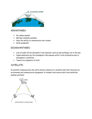 ADVANTAGES:
• No cables needed
• Multiple channels available.
• Have the ability to communicate over oceans.
• Wide bandwidth
DISADVANTAGES:
• Line-of-sight will be disrupted if any obstacle, such as new buildings, are in the way
• Signal absorption by the atmosphere. Microwaves suffer from attenuation due to
atmospheric conditions.
• Towers are expensive to build.
SATELLITE:
In satellite communication the earth station consists of a satellite dish that functions as
an antennae and communication equipment to transmit and receive data from satellites
passing overhead.
 