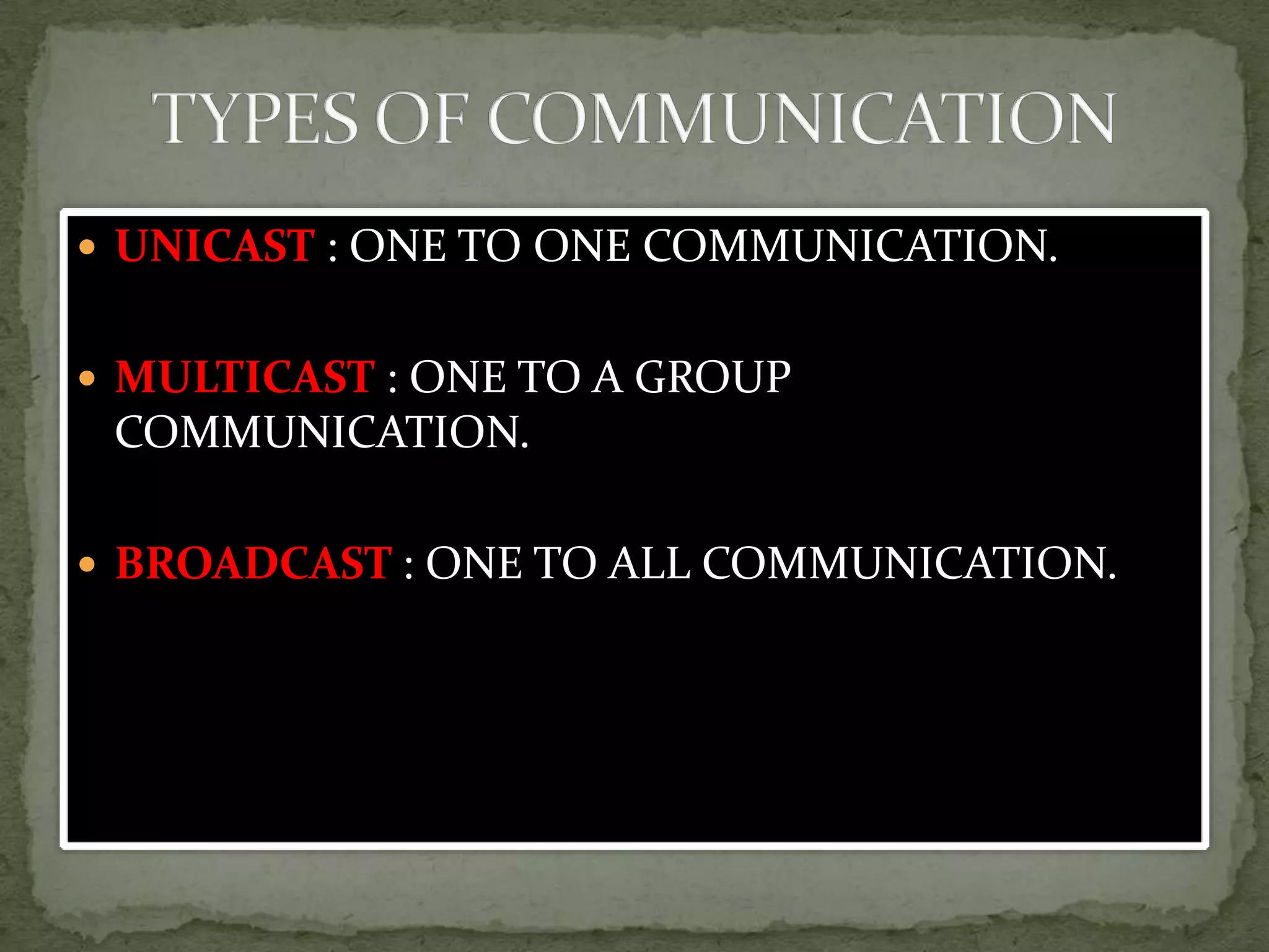  UNICAST : ONE TO ONE COMMUNICATION.


 MULTICAST : ONE TO A GROUP
 COMMUNICATION.

 BROADCAST : ONE TO ALL COMMUNICATION.
 