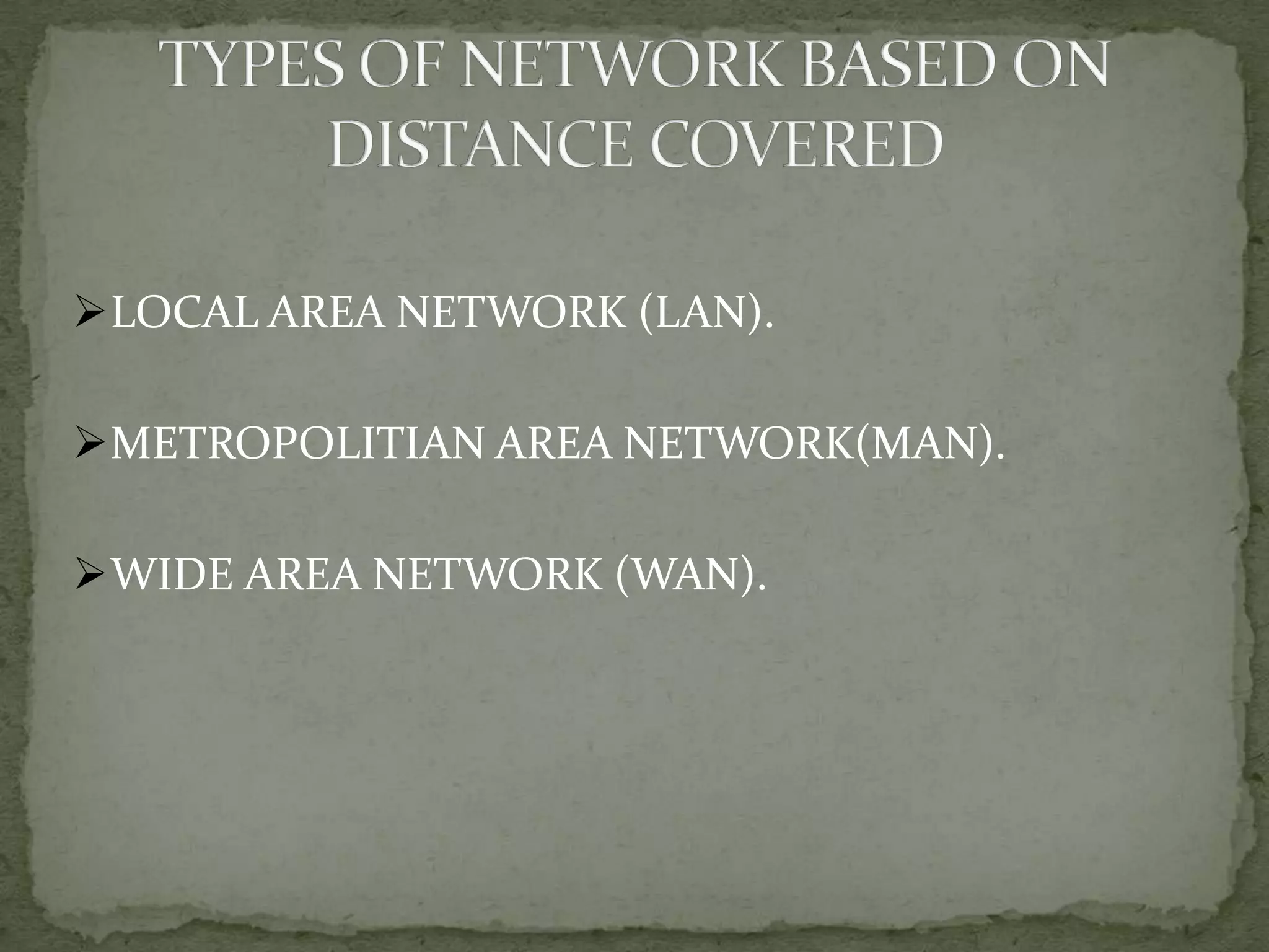 LOCAL AREA NETWORK (LAN).

METROPOLITIAN AREA NETWORK(MAN).

WIDE AREA NETWORK (WAN).
 