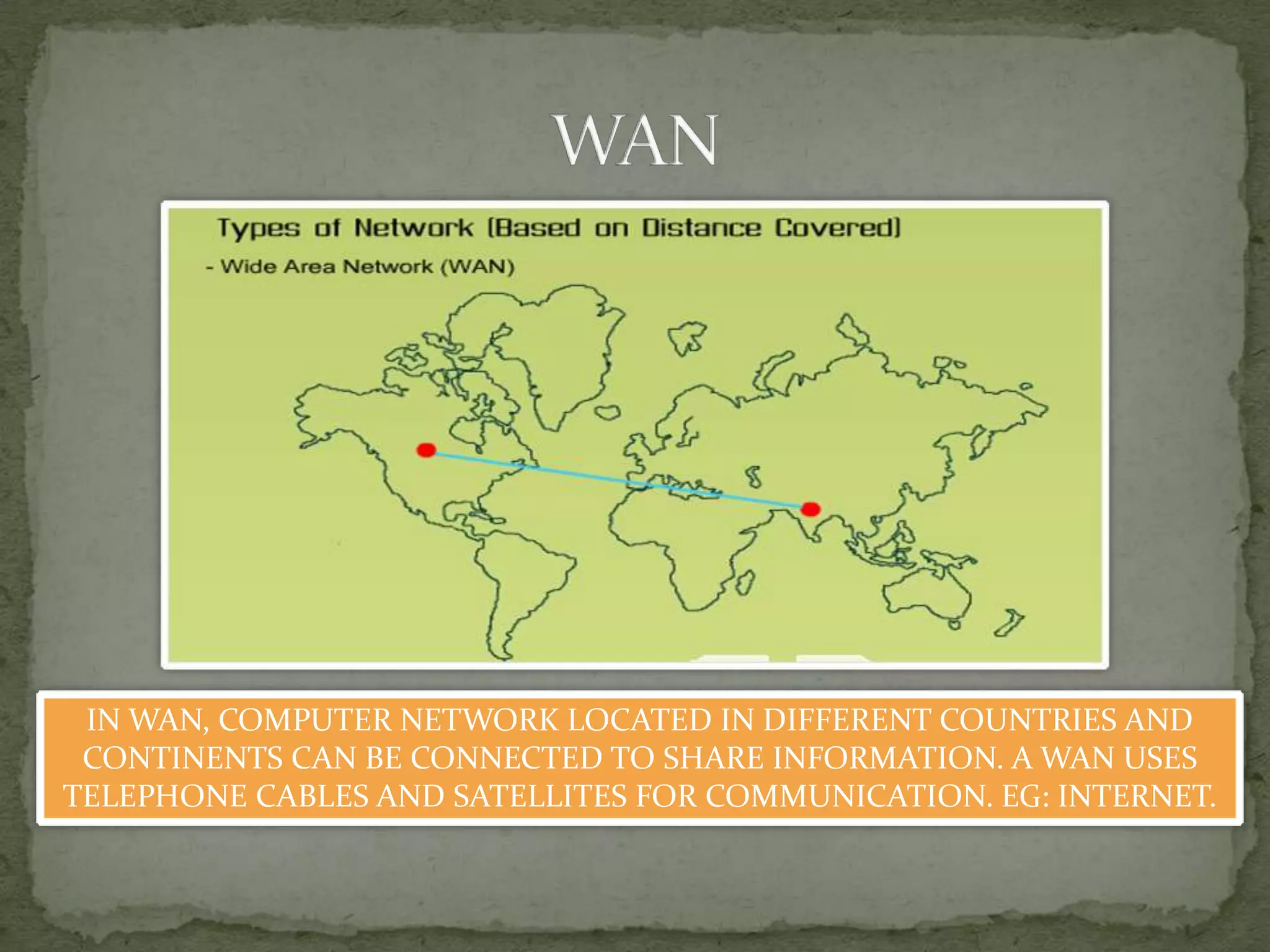 IN WAN, COMPUTER NETWORK LOCATED IN DIFFERENT COUNTRIES AND
 CONTINENTS CAN BE CONNECTED TO SHARE INFORMATION. A WAN USES
TELEPHONE CABLES AND SATELLITES FOR COMMUNICATION. EG: INTERNET.
 