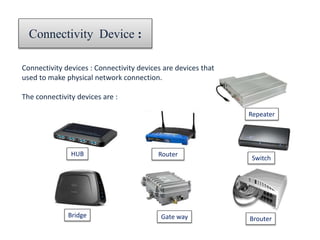 Connectivity Device : 
Connectivity devices : Connectivity devices are devices that is 
used to make physical network connection. 
The connectivity devices are : 
HUB 
Repeater 
Switch 
Router 
Bridge Gate way Brouter 
 