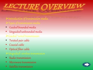 Introduction of transmission media.
Types of transmission media
• Guidedbounded media
• Unguidedunbounded media
Guided wired transmission
• Twisted pair cable
• Coaxial cable
• Optical fiber cable
Unguided wireless transmission
• Radio transmission
• Microwave transmission
• Satellite transmission
 