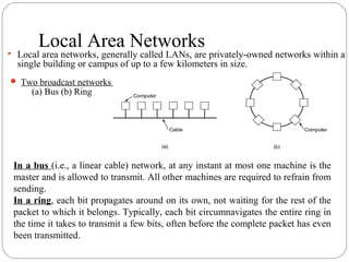 Local Area Networks
 Two broadcast networks
(a) Bus (b) Ring
In a bus (i.e., a linear cable) network, at any instant at most one machine is the
master and is allowed to transmit. All other machines are required to refrain from
sending.
In a ring, each bit propagates around on its own, not waiting for the rest of the
packet to which it belongs. Typically, each bit circumnavigates the entire ring in
the time it takes to transmit a few bits, often before the complete packet has even
been transmitted.
 Local area networks, generally called LANs, are privately-owned networks within a
single building or campus of up to a few kilometers in size.
 