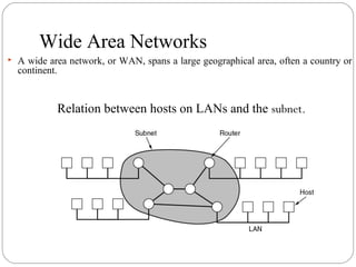 Wide Area Networks
Relation between hosts on LANs and the subnet.
 A wide area network, or WAN, spans a large geographical area, often a country or
continent.
 