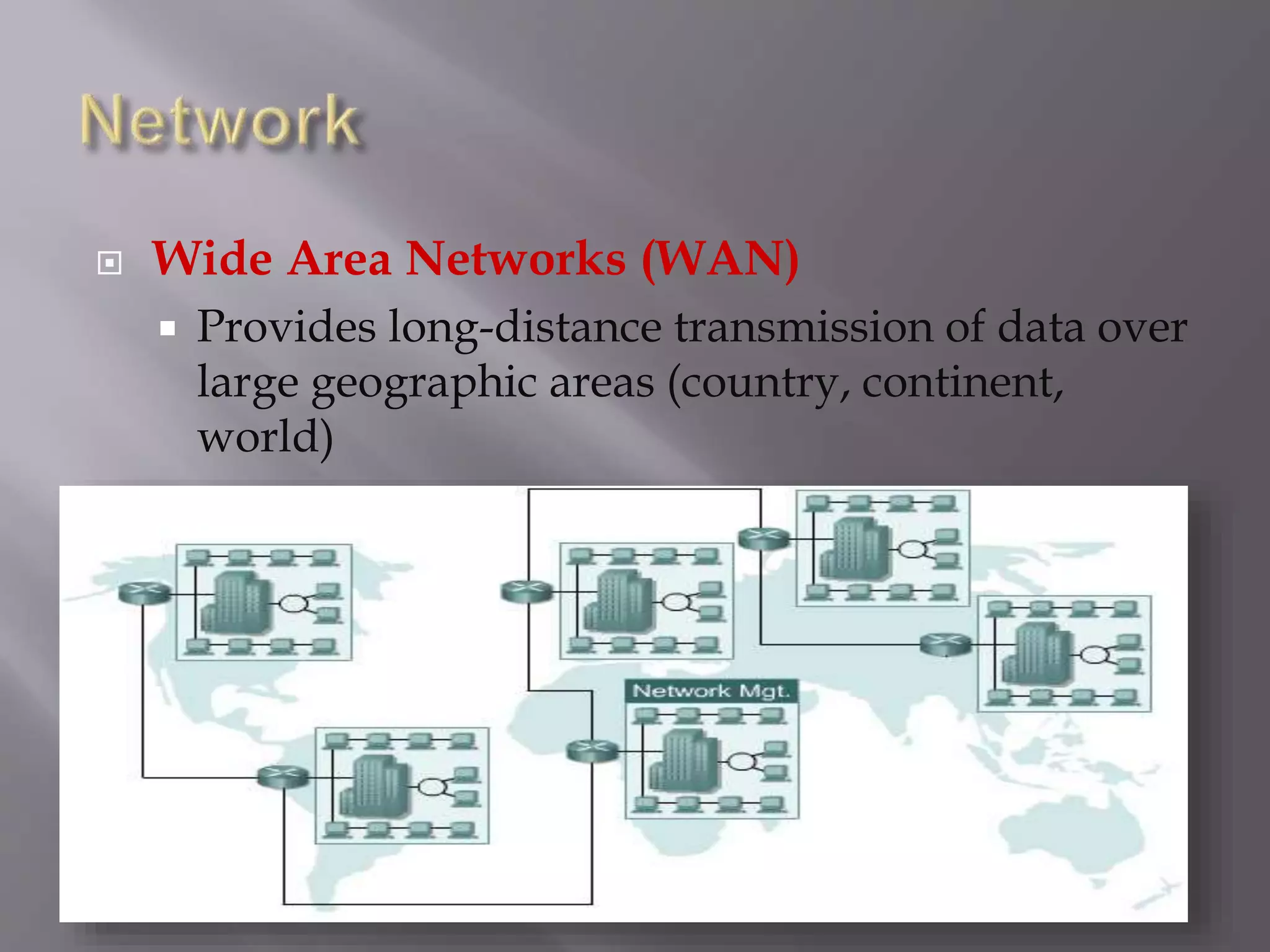  Wide Area Networks (WAN)
 Provides long-distance transmission of data over
large geographic areas (country, continent,
world)
 