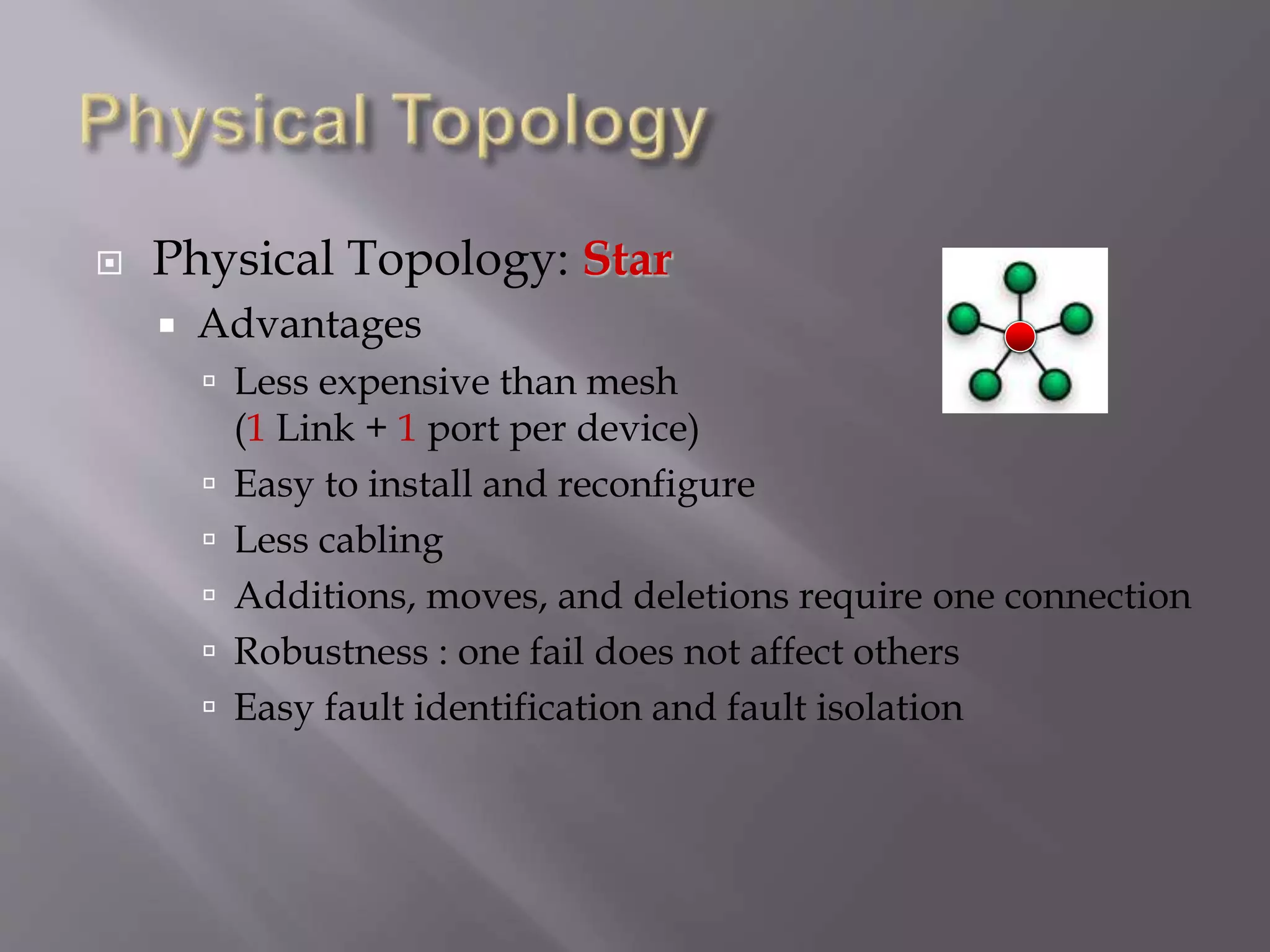  Physical Topology: Star
 Advantages
 Less expensive than mesh
(1 Link + 1 port per device)
 Easy to install and reconfigure
 Less cabling
 Additions, moves, and deletions require one connection
 Robustness : one fail does not affect others
 Easy fault identification and fault isolation
 